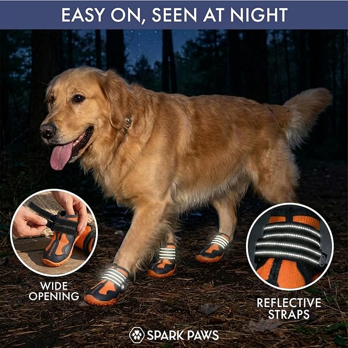 Spark Paws 365 Dog Shoes - All-Season Boots for Winter Snow & Hot Pavement | Water-resistant, anti-slip, stay-on straps - rain, ice & summer booties in one. Reflective; small, medium & large dogs