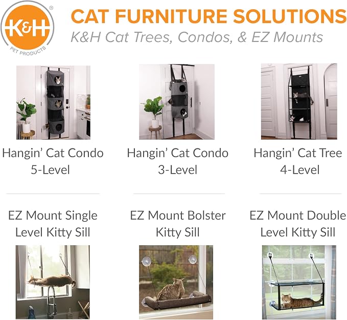 K&H Cat Window Perch Bed, EZ Mount Kitty Face, 27x11x6in, Gray | Sturdy Cat Window Hammock with Strong Suction Cups, Washable Sleeping Pad, Fits 30in W X 15in H Glass Spaces