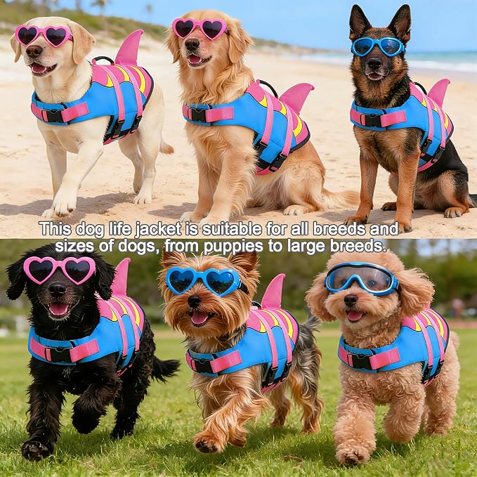 Fragralley Shark Fin Dog Life Jacket High Buoyancy, Adjustable Dog Life Vest with Quick Release Buckles & Rescue Handle for Swimming Boating, Small Medium Large Dogs