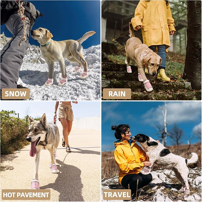 Hcpet Dog Boots for Large Dogs, Dog Shoes for Hot Pavement Winter Snow, Paw Protector Dog Booties Designed for Comfort and Breathability, Outdoor Booties for Small Medium Dogs for Hiking Pink Size 3