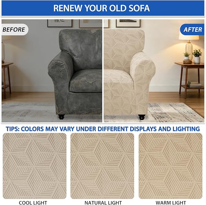ZNSAYOTX Stretch Chair Cover, 1 Piece Couch Covers for 1 Seat Sofa, Jacquard Armchair Slipcovers with Elastic Bottom Thickened Furniture Protector for Dog Cat Pet (Small, Khaki)
