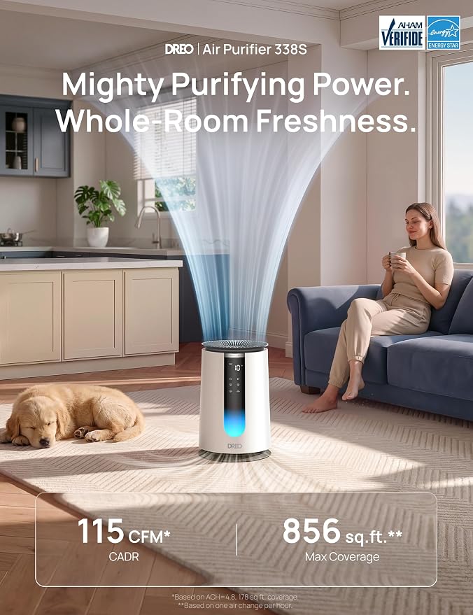 DREO Smart HEPA Air Purifier for Home, AHAM VERIFIDE Air Cleaner for Bedroom, Pets, Smoke, Dust, Pollen & Odors, Wi-Fi/Voice/Alexa, PM2.5 Monitor, Auto, Turbo, Quiet Sleep Mode, DR-HAP008S (Dreo 338S)