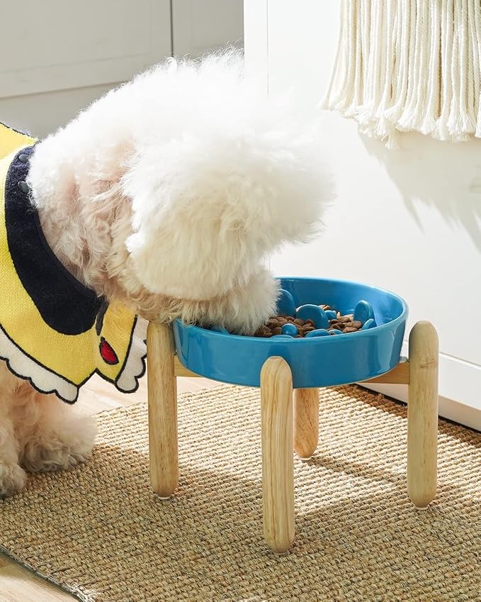 LE TAUCI Ceramic Slow Feeder Dog Bowls Elevated, 3 Cup Raised Bowl with Wooden Stand for Medium Large Breed, Slow Down Eating, Puzzle Dog Food Bowl,Vortex Blue