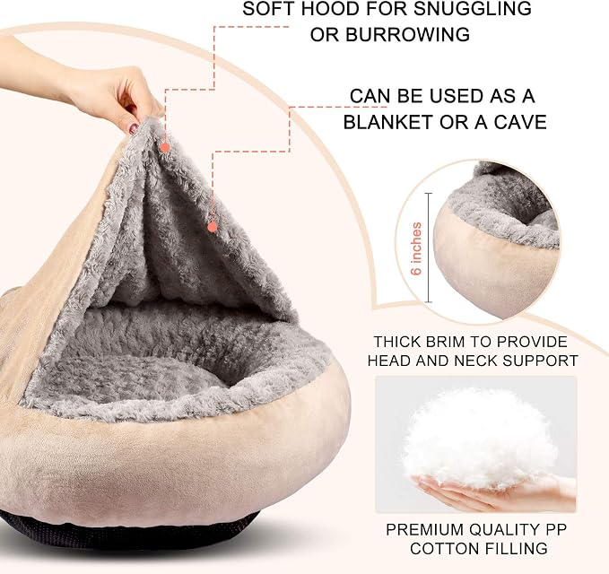 GASUR Small Dog & Cat Bed, 23'' Donut Pet Bed Mat with Hooded Blanket, Anti-Anxiety Burrow Cave Bed, Cozy Puppy Bed, Machine Washable, for Indoor Pets up to 20lbs