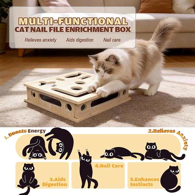Cat Scratch Puzzle Enrichment Box, Large Solid Wood with Sandpaper Inside | Cat Nail File Enrichment Box with Sandpaper Inside, Cat Nail File Box Stress Free Alternative to Clippers and Grinders