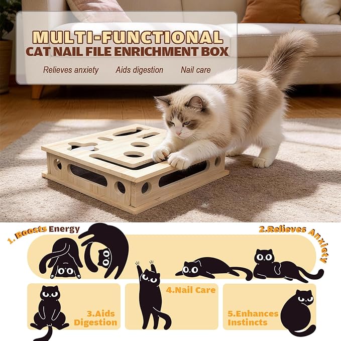 Cat Scratch Puzzle Enrichment Box, Large Solid Wood with Sandpaper Inside | Cat Nail File Enrichment Box with Sandpaper Inside, Cat Nail File Box Stress Free Alternative to Clippers and Grinders