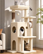 Globlazer Cat Tree Tower for Indoor Cats, 50-inch Adult Cat Tree House for Large Adult Cats with Steps, Scratching Post, 2 Cat Caves, Dangling Toys, FC50, Beige