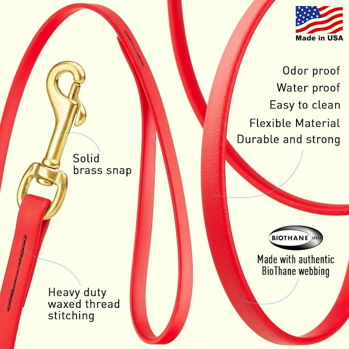 Viper Biothane K9 Working Dog Leash Waterproof Lead for Tracking Training Schutzhund Odor-Proof Long Line with Solid Brass Snap for Puppy Medium and Large Dogs, 20ft Cherry Red