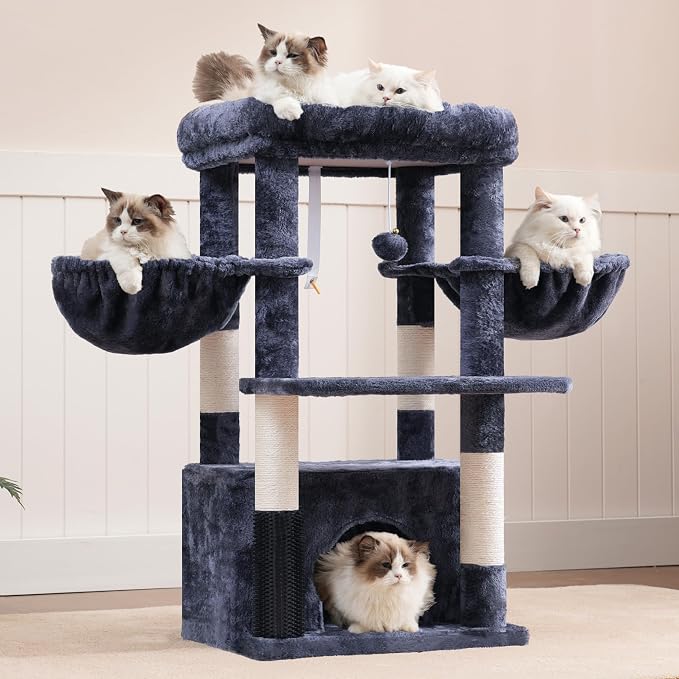 Hey-brother Cat Tree Tower with Large Platform, Spacious Condo, MPJ060G | 35.4 Inches, 2 Cozy Hammocks, Self-Grooming Brush, Sisal Scratching Posts for Big Indoor Adult, Maine Coon, Smoky Gray