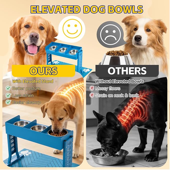 Triple Elevated Dog Bowls Stand for Dogs, Adjustable Raised Dog Bowl Stand with 3 Stainless Steel Bowls, 7 Heights & 3 Tilt Angles, Tall Dog Feeding Station for Large Medium Small Dogs, Mat Included