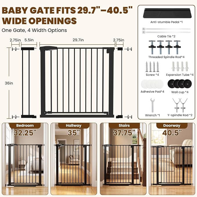 Mumeasy 36" Extra Tall Dog Gate,29.7"-40.5" Baby Gate for Stairs & Doorways | Pressure Mounted Toddler & Pet Safety Gate, Double Lock, Auto Close Walk Thru Door for Kitchen, House, Indoor, Outdoor, Black