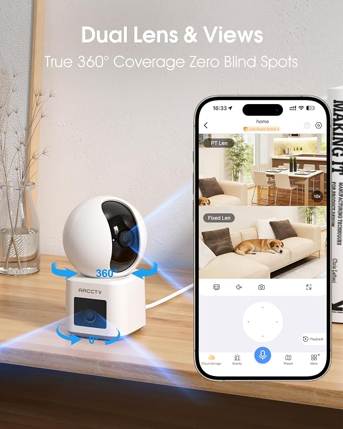 ARCCTV Dual Lens Indoor Security Camera, 2.5K HD Pet Camera via Phone App | 360° Dog Camera for Home Security, 2.4G/5G Dual Band WiFi, Motion Tracking, 24/7 Recording, 2-Way Audio, Baby Monitor