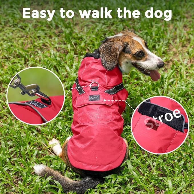 JoyDaog Dog Raincoat with Hood, Waterproof Dog Rain Jacket for Medium Dogs | Waterproof dog rain jacket with hood and pockets for rainy walks, outdoor activities and everyday protection,Red M