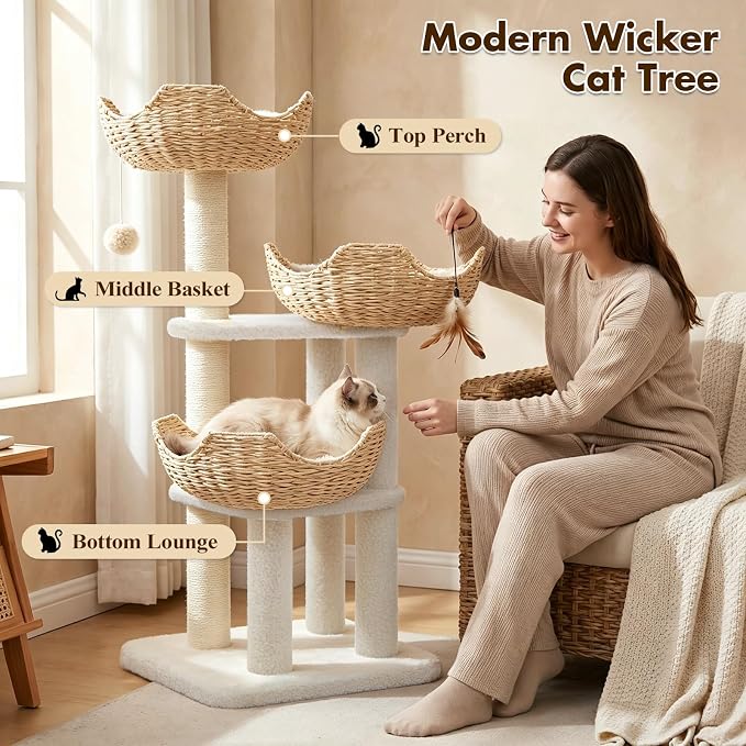 PAWZ Road Modern Cat Tree with Baskets, 44" Cat Tower for Indoor Cats,White | 3 rattan baskets (φ15.7") with thick cushions, sturdy base cat tree for large indoor cats, multi-level climbing resting space