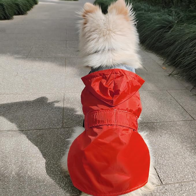 Dog Raincoat Dog Rain Jacket Hooded Poncho Waterproof Pet Rain Suit Double-Layered Puppy Small Medium Dogs Breathable Lining Leash Hole Adjustable,Red,M,Back Length 8.5-10.5 inches