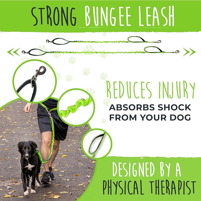 Mighty Paw Hands Free Dog Leash | Bungee Waist Leash for Dog Walking. Pet Running Hands Free Tether for Large, Medium & Small Breeds. Pet Waist Belt (36" - 48") Up to 150 lbs - Green