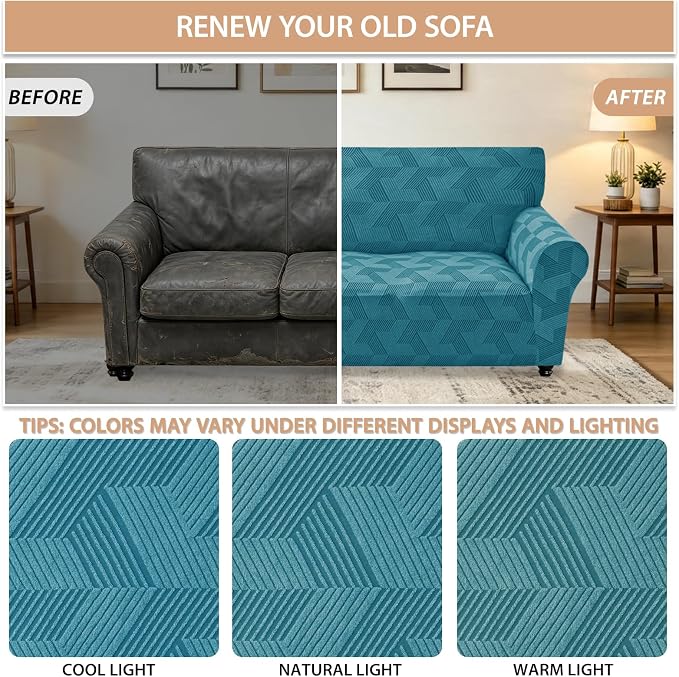 ZNSAYOTX Stretch Couch Covers for 3 Cushion Couch, 1-Piece Sofa Cover Slipcover Pet Friendly, Furniture Protector with Elastic Bottom for Dogs Geometrical Jacquard Fabric (Large, Peacock Blue)