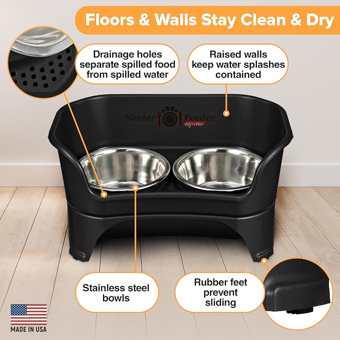 Neater Feeder Express Mess Proof Dog Bowls Elevated for Medium to Large Sized Breed, No Spill Raised Dog Food Bowl Stand, Stainless Steel Food and Water Bowl Set, Pet Dish Feeding Station, Black