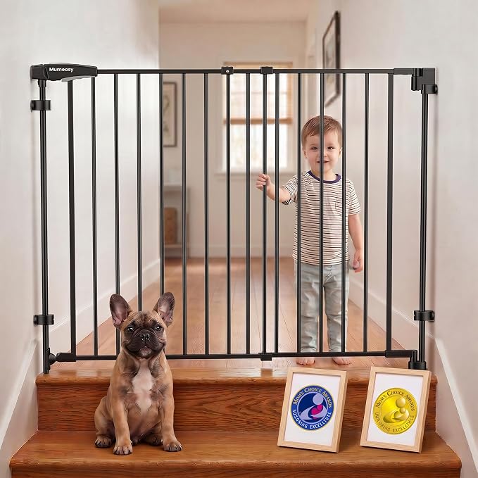 Mumeasy 36" Tall Baby Gate for Stairs, 29.5-43.3" Expandable Hardware Mounted (Drill Needed), Removable No Bottom Bar Dog Gate, Auto Close Wide Walk Thru Safety Gate for Doorways, Pets& Toddlers,Black
