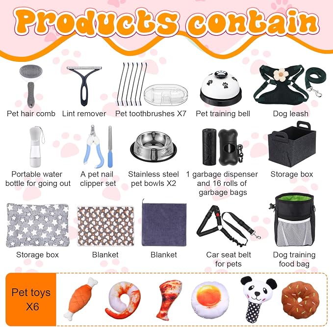 Abbylike 50 Pcs Puppy Supplies Starter Kit for Small Dogs Puppy Essentials Includes Leash, Bowls, Teeth Brushes, Water Bottle, and More Accessories for Dogs Pet Day Welcome Gift(Black)