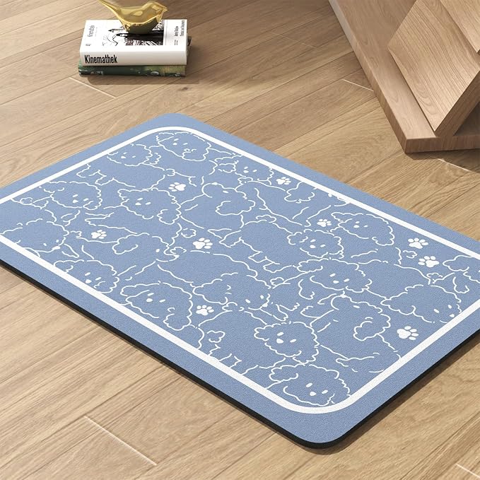 Pet Feeding Mat-Absorbent Dog Mat for Food and Water Bowl-No Stains Quick Dry Water Dispenser Mat-Dog Accessories Pet Supplies-Bowl for Messy Drinkers（BLUEDOGS,12"x19"