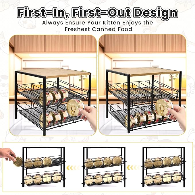 Bamboo & Iron Cat Food Organizer, 2-Tier Stackable Rack Holds 48 Cans 3oz | FIFO auto slide-down,Flat top storage, Organizes pantry & pet food cans
