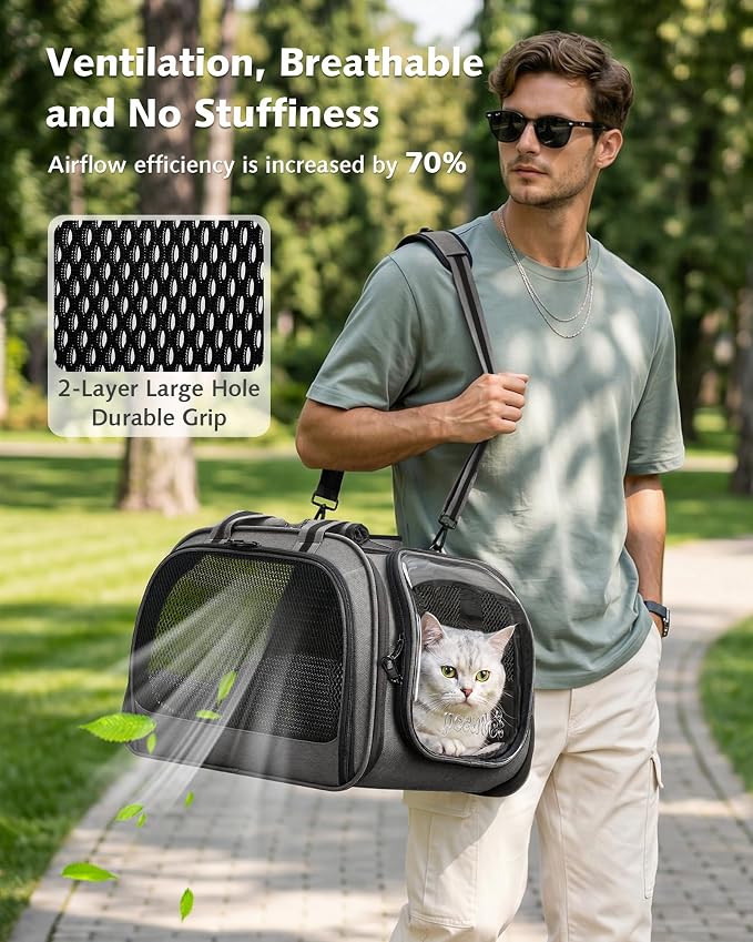 Pecute Cat Carrier with Bubble Window & Sunshade for Dogs Cats, Gray M | Dual bubble windows & top sunshade, 70% more airflow mesh, Impact-resistant stable frame, Locking zippers, Fits up to 11 lbs