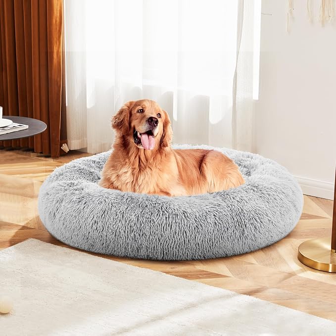 DUMOS 37.4 Inch Donut Dog Bed, Faux Fur Plush, Grey | Machine Washable Cuddler Warming Cozy Fluffy Faux Fur Plush Round Pet Bed, Anti-Slip Bed for Indoor Dogs and Cats