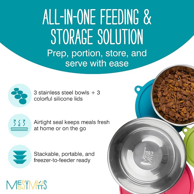 Messy Mutts 6 Piece Set, 3 Stainless Bowls and 3 Silicone Lids, Large | Set Of Three Stainless Dog Bowls And Three Airtight Silicone Lids For Meal Prep, Storage, And Travel