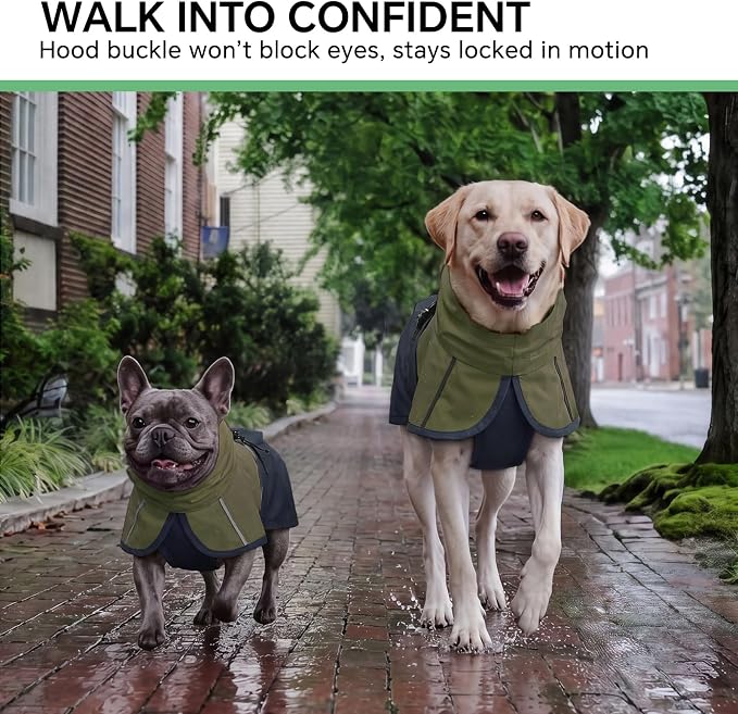 Luciphia Dog Raincoat, Adjustable Hooded Reflective Jacket with Pocket | Olive Navy XXX-Large dog rain jacket with leash hole, buckle-on, non-stick fur. For daily walks.