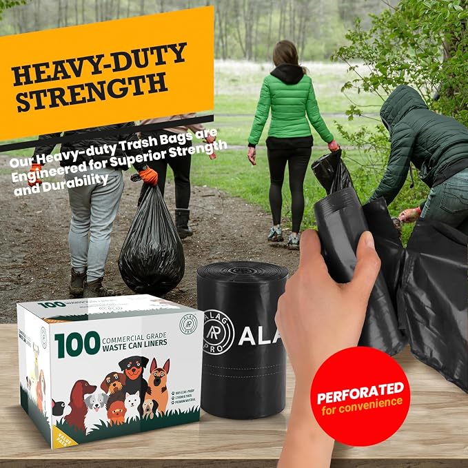ALAGPRO® 100 Premium Dog Waste Station Can Liners - 2 Rolls of 50 Bags - Standard Size 26" W x 33" L (10-13 gallons) - Heavy Duty Pet Poop Trash Can Bags, 40% Thicker than Competitors Bags (1.1 mil)