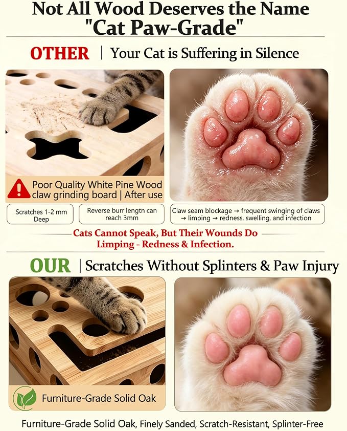 【Large&Thicken Oak 】Cat Nail File Scratcher Puzzle Box,High-Density Furniture Grade Oak,Porous Design,Stimulate Cat Exploratory &Slow Down Eat Speed;Built In Frosted Paper,Polish Their Nail While Play