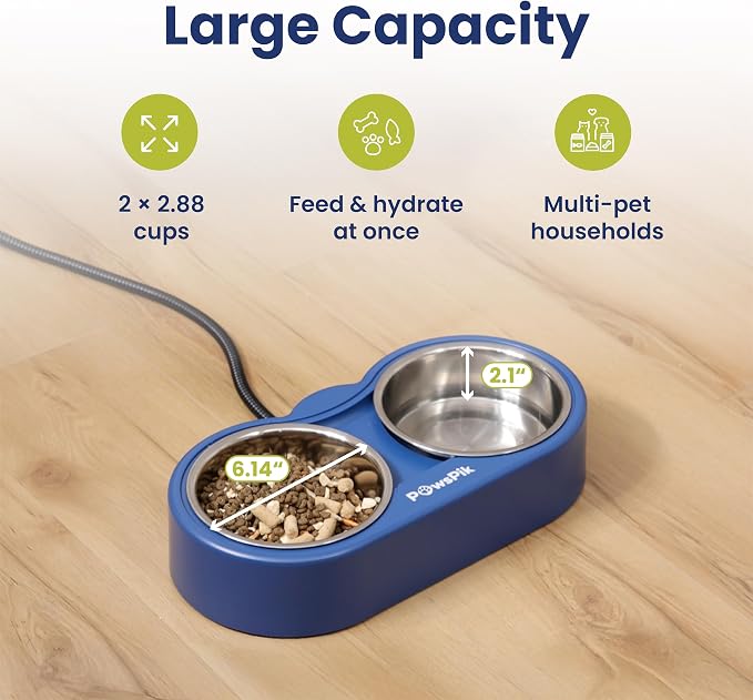 Heated Water Bowl for Cats, Outdoor Heated Pet Bowl in Winter | 18/8 Stainless Steel, Anti-chew Cord, Removable Bowls, Dual-bowl Heated System, Raised Ergonomic Stand, Blue, 3 Cups
