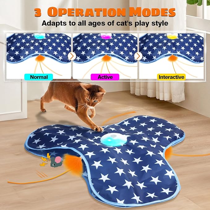 Oxawo Cat Toys Interactive Hide and Seek Cat Game | Mouse Chirping, Motion Activated Cat Toys with Moving Concealed Feathers Wand USB Rechargeable