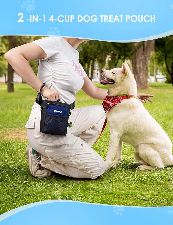 4 Cup Dog Treat Pouch with Silicone Insert Bag& Clicker(Navy Blue) | 2 Pair Magnetic Closures, Belt Clip/Waist Belt/Crossbody Wear, Zipper Pocket Poop Bag Holder for Pet Training/Daily Walking