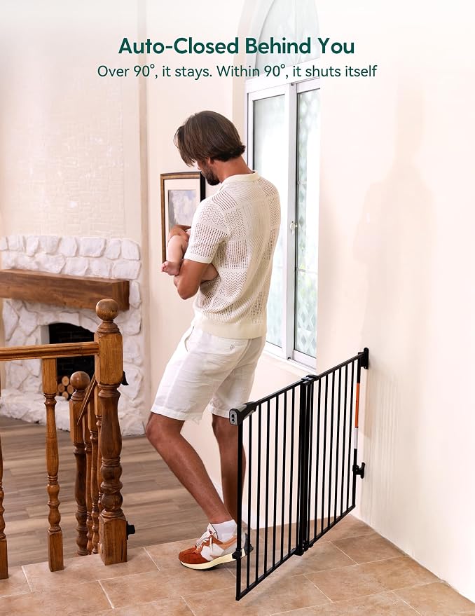 Babelio Baby Gate for Stairs, Kitchen & Doorways, No Bottom Bar| Easy Install| One-Handed Operation| Auto-Close| Hardware Mount Safety Dog Gate (Black - B17, 34" H, 26-43" W-Standard 2 Pcs) | Easy Install| One-handed Opening| Auto-close| Drill Needed I...