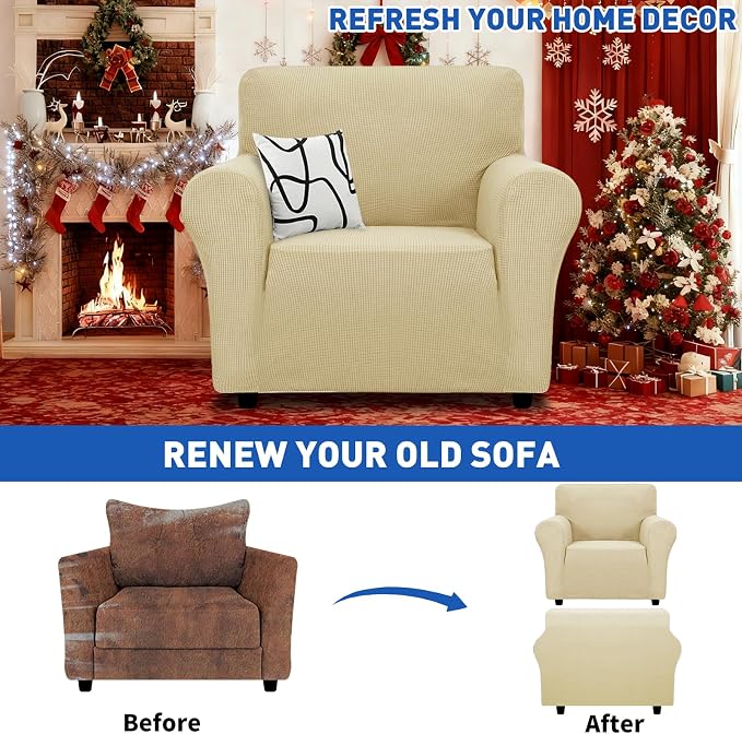 MAXIJIN Stretch Chair Cover Chair Slipcovers with Arms, 1-Piece Couch Sofa Chair Covers for Living Room, Non Slip Armchair Cover (31"-46") Furniture Protector Dogs Pet Friendly (Chair, Beige)