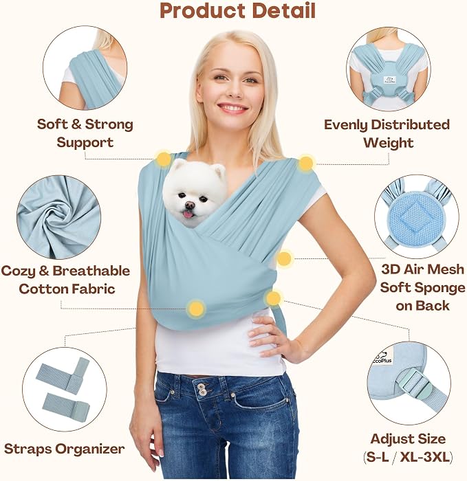 AnccoPlus Small Dog Sling Carrier, Hands-Free, Baby Blue, Plus | Patented Front Carrier Reduces Back and Neck Strain; Adjustable, Soft Cotton, 3D Air Mesh for Puppies & Cats up to 20 lb
