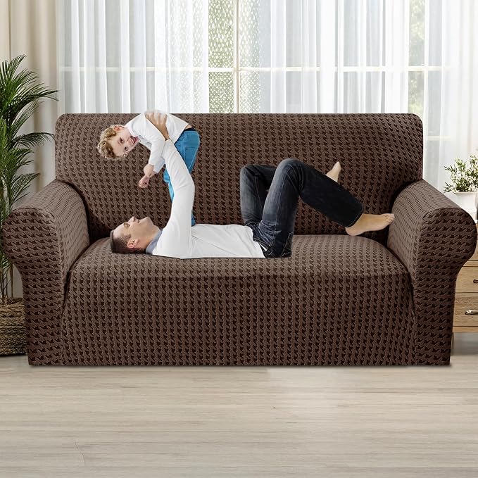 MAXIJIN Stretch Loveseat Couch Cover for 2 Cushion Couch (55"-69" Washable Sofa Slipcovers with Non-Slip Foam & Elastic Strap, Dog Cat Pet Friendly Furniture Protector (Medium, Brown)