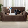 MAXIJIN Stretch Loveseat Couch Cover for 2 Cushion Couch (55"-69" Washable Sofa Slipcovers with Non-Slip Foam & Elastic Strap, Dog Cat Pet Friendly Furniture Protector (Medium, Brown)