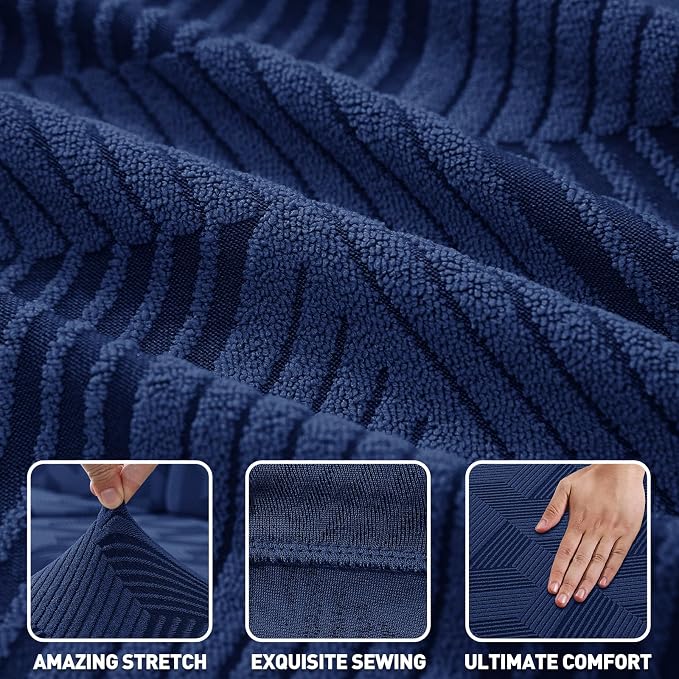 ZNSAYOTX Stretch Couch Covers for 3 Cushion Couch, 1-Piece Sofa Cover Slipcover Pet Friendly, Furniture Protector with Elastic Bottom for Dogs Geometrical Jacquard Fabric (Large, Navy Blue)