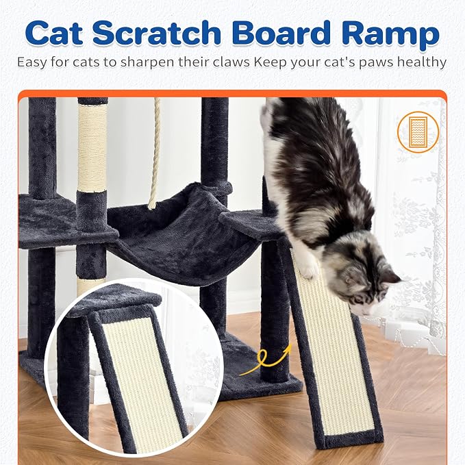 ABCPET 63" Multi-Level Cat Tree Tower for Indoor Cats, Dark Grey | 63" multi-level cat tower with sisal scratch posts, cat condo, hammock, dangling toy & wide perch for indoor cat rest & play