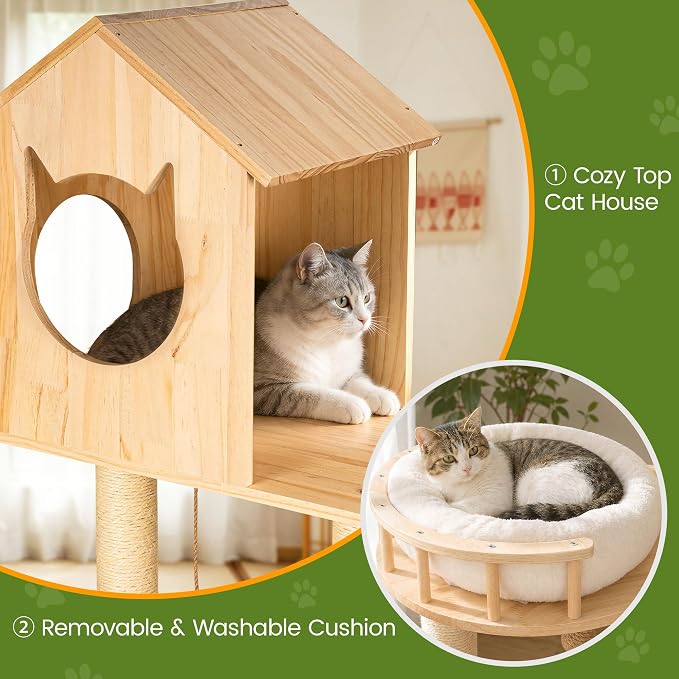 63.8 Inch Large Solid Wood Cat Tree, Modern Cat Tower for Indoor Cats, Cat Condo with Top Hideaway, Sisal Scratching Posts, Washable Cushion, Hanging Balls, Natural