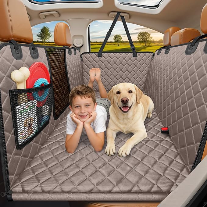 URPOWER Hard Bottom Dog Car Seat Cover, Back Seat Extender for Cars & SUVs | 400 lbs Support, 45% More Space, Waterproof, Mesh Window, Scratch Resistant, Non-Slip, Easy Care, Dog Seat Belt Included