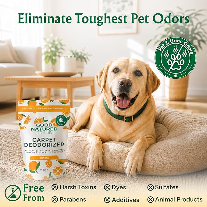 Good Natured Brand | Carpet Deodorizer & Freshener Powder | 31 oz Pet Odor Eliminator for Strong Odor & Pet Urine | Fresh Natural Sweet Orange Scent | Safe for Homes with Pets
