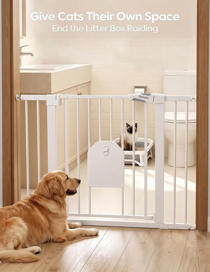 Babelio Auto Close Baby Gate with Cat Door, CatPrivilege I, 29-43" | Safety Gate for Doorway & Stairs, Easy Walk Thru with Pet Door, Includes 4 Wall Cups and 3 Extension Pieces, White