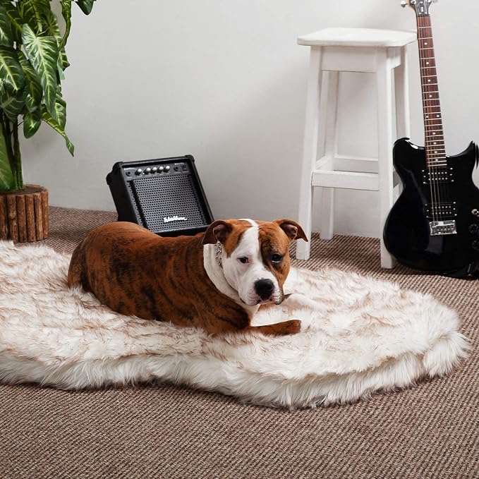 Faux Fur Orthopedic Dog Bed, Memory Foam, White w/Brown Tips 60"x35" | Plush Washable Dog Rug with Waterproof Machine Washable Cover, Calming for Anxious Senior Dogs, Relieves Joints