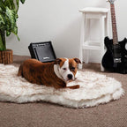 Faux Fur Orthopedic Dog Bed, Memory Foam, White w/Brown Tips 60"x35" | Plush Washable Dog Rug with Waterproof Machine Washable Cover, Calming for Anxious Senior Dogs, Relieves Joints