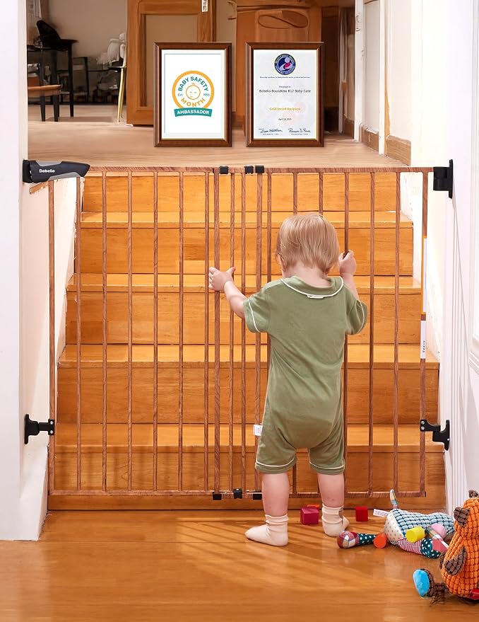 Babelio 34" Extra Tall No Bottom Bar Baby Gate, 26-43", Brown Wood Pattern | Easy Install| One-handed Opening| Auto-close| Drill Needed Indoor Safety Dog/Pet Gate for Stairs, Hallways & Doorways