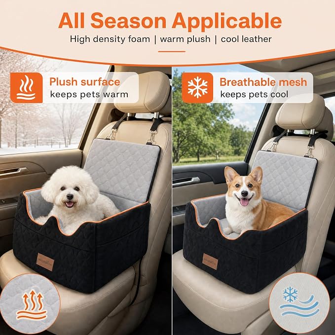 Dog Car Seat for Small/Medium Dogs Under 35lbs, Pet Booster Seat with 4In Memory Foam Cushion, Fully Detachable and Washable, Travel Dog Carseat with Storage Pocket and Safety Belt
